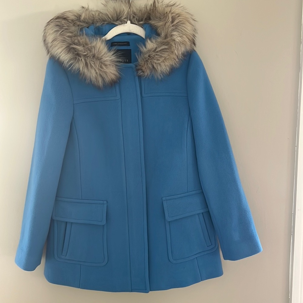 NWT Talbots Blue Wool Faux Fur-Trim Hooded Jacket Size 4